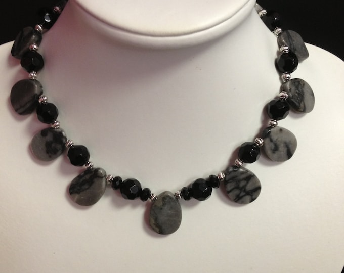 Jasper Tear Drop & Faceted Black Onyx Gemstone Necklace, Choker Necklace, Stone Jewelry, Stone Choker Necklace, Jasper Necklace
