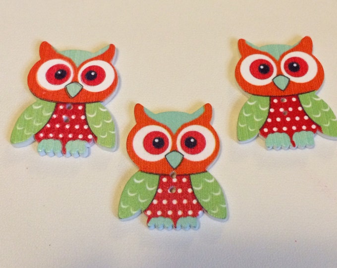 Owl Wooden Button 3 pc set - craft supplies, wreath making embellishments, scrapbooking supplies, sew crafts