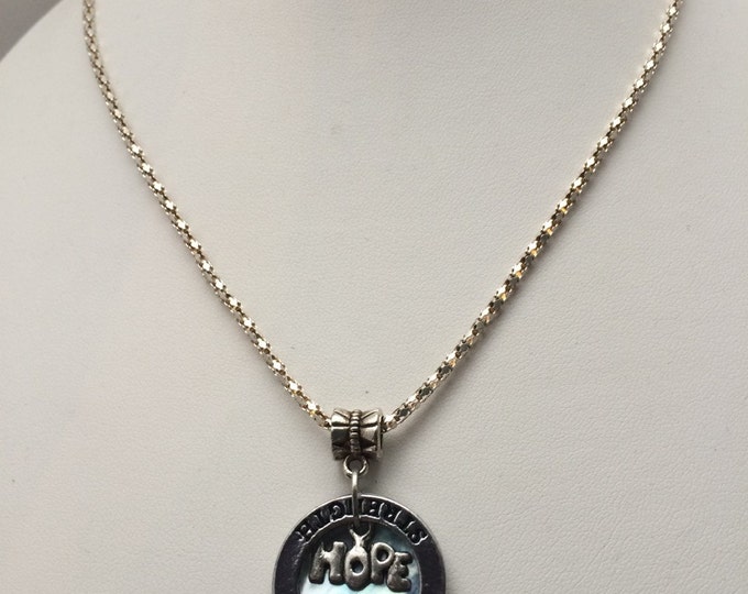 Strength & Hope Affirmation Light Blue Mussel Shell Charm Necklace, Charm jewelry