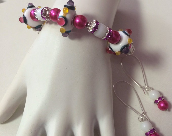 Bracelet Set, Hot Pink, White & Black Lampwork Porcelain Beaded Crystal Jewelry, European bracelet, Unique Jewelry, Mixed Color Jewelry