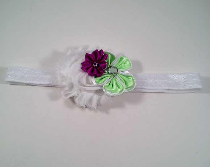 White Tattered Rose headband, Stretch Headband, photo prop headband, white lime purple headband, baby shower gift