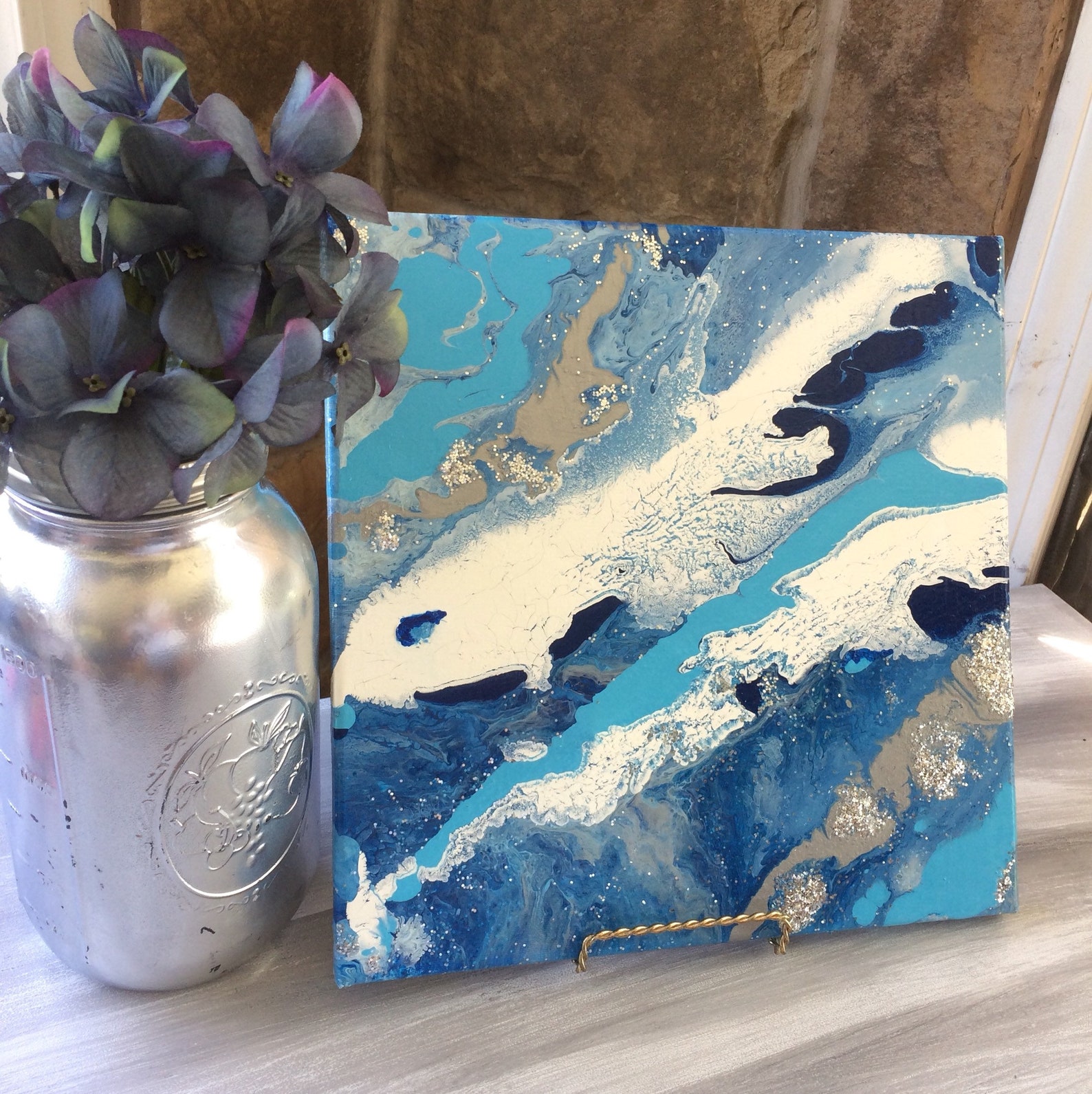 Blue Abstract Canvas Art Modern Wall Art Silver White and Etsy