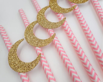 Moon Party Decor, Gold Glitter Moon Party Straw, Moon Straws, Bridal Shower, Baby Shower, Cake Pop Sticks, Twinkle Little Star