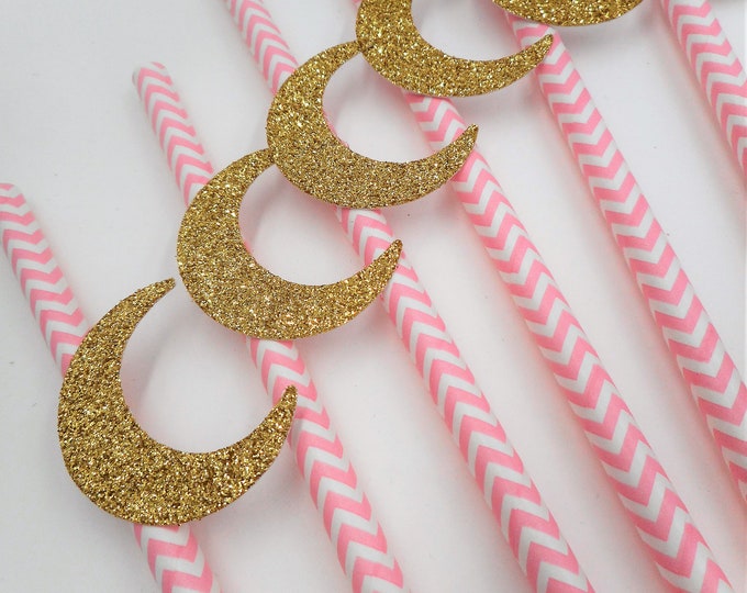 Moon Party Decor, Gold Glitter Moon Party Straw, Moon Straws, Bridal Shower, Baby Shower, Cake Pop Sticks, Twinkle Little Star