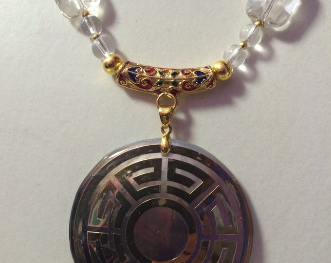 Gold Foiled Mother of Pearl Pendant Crystal Bead Gold Plated Necklace, Shell Jewelry, Shell Pendant, Boho Jewelry