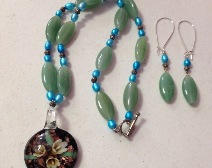 Green Adventurine & Turquoise Blue CFW Pearl Glass Pendant Necklace Earring Set, Boho jewelry, Floral Jewelry, Adventurine Necklace