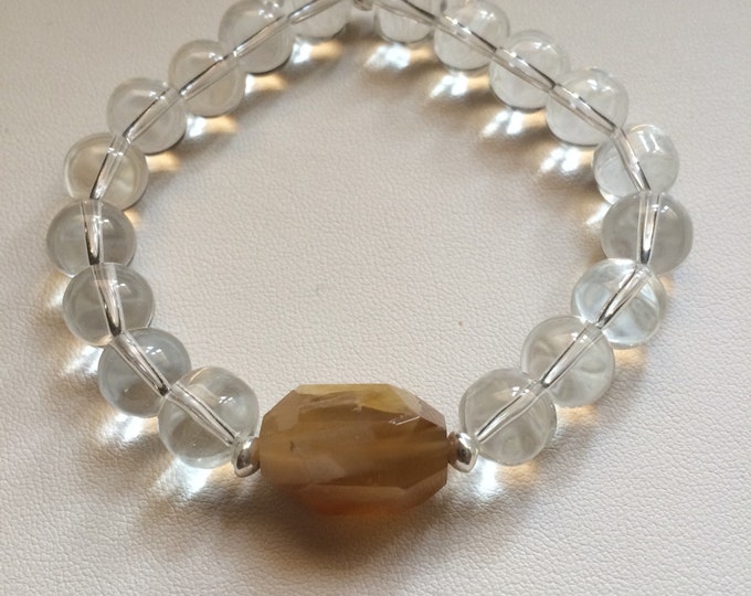 Agate Bracelet, Sterling Silver Yellow Agate Nugget & Crystal Gemstone Beaded Bracelet, Sterling jewelry, chakra bracelet, Chakra jewelry