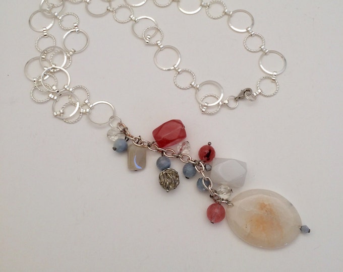 Mixed Gemstone Necklace, Long Necklace, Moonstone Pendant, Agate Pendant, Moonstone Necklace, Moonstone Jewelry, Gemstone Beaded Necklace