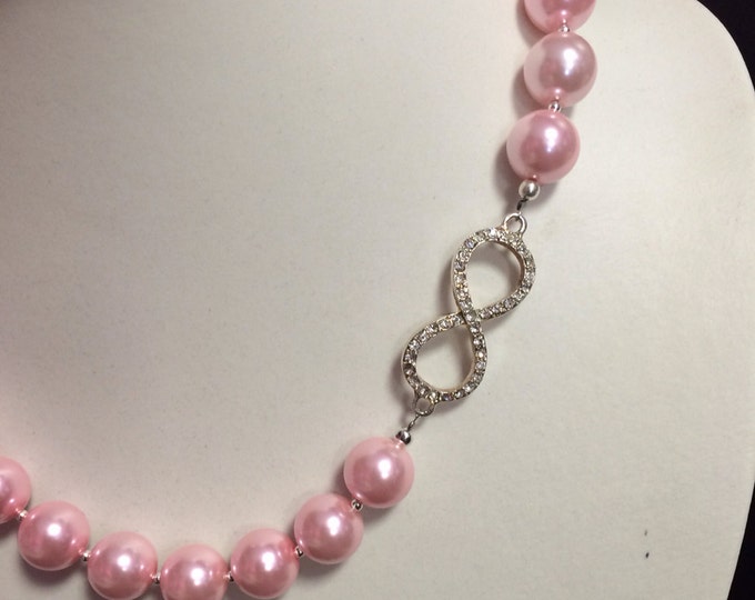 Pink Glass Pearl Beads & Infinity Crystal Chunky Necklace Earring SET - Faux Pearl Necklace - Bridal Set - Prom jewelry - Infinity Necklace