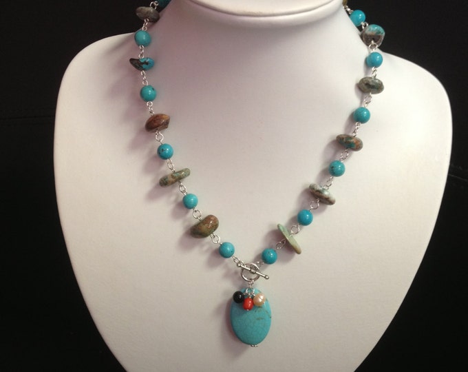 Turquenite Nugget Pendant Necklace; turquoise necklace, turquoise pendant, stone jewelry, blue stone jewelry, mixed gemstone necklace