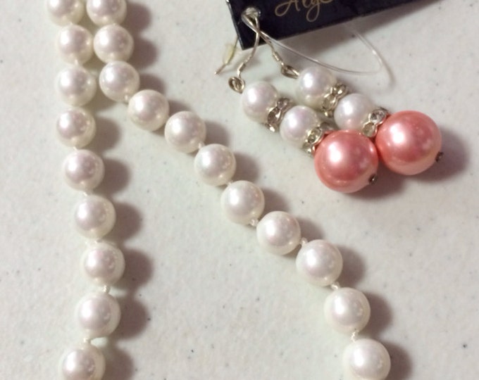White & Pink Faux Pearl Necklace Earring or Set