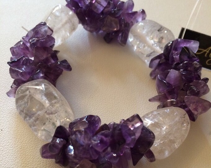 Amethyst Bracelet, Amethyst Chip & Crackle Glass Beaded Stretch Bracelet; Reiki, chakra, Gifts for her,