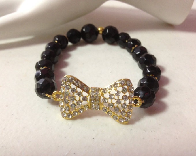 Faceted Black Onyx Crystal Bow Bracelet: Statement Jewelry Protection Stone