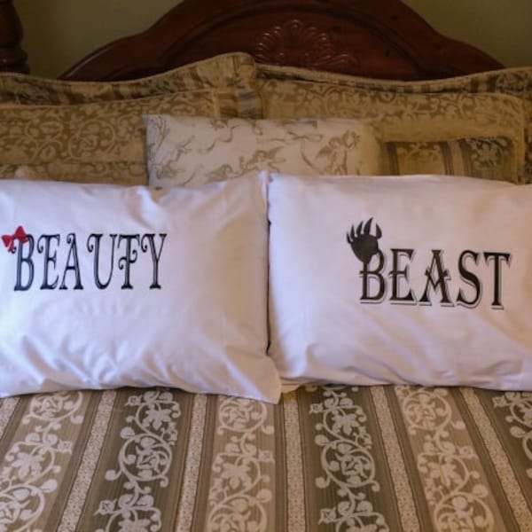 Beauty & Beast Pillowcases, Newlywed Gifts, Anniversary gifts, Bedroom Decor, Couples Pillow Cases, Couples Gifts, Housewarming Gifts