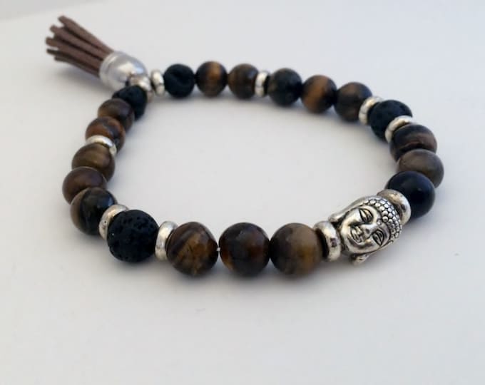 Buddha Charm Tiger Eye Gemstone Bead Stretch Bracelet: Essential Oil bracelet, Diffuser bracelet, yoga bracelet, Diffuser Jewelry