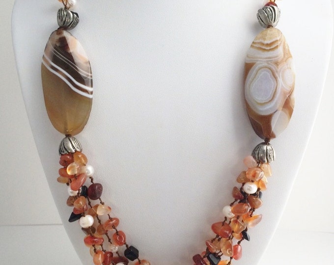 Carnelian Agate & CFW Pearl Beaded Multi Strand Necklace, Layered Necklace, Boho necklace, chip necklace, Chunky necklace, gemstone necklace