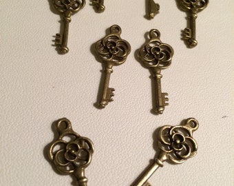 Flower Key Bronze-tone Charms - 8 pieces, Destash, Loose, diy, supplies, charms, findings