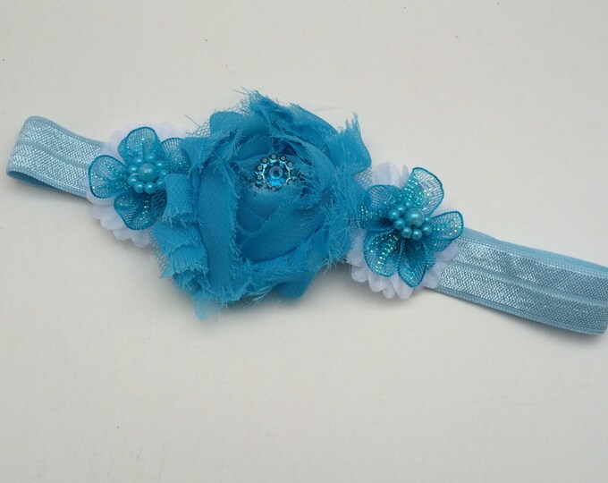 Blue Tattered Rose headband, Blue Stretch Headband, photo prop headband, turquoise flower headband, baby shower gift