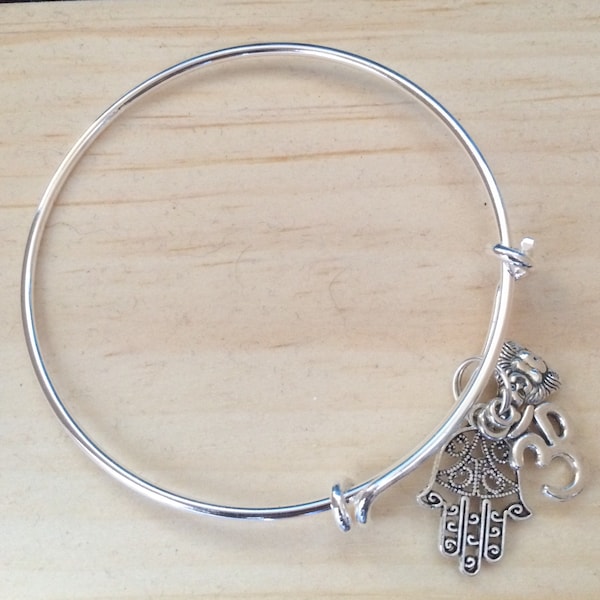 Ohm Bracelet, Hamsa Bracelet, Buddha Charm Bangle, yoga bracelet, zen jewelry, namaste jewelry, Aum Jewelry,