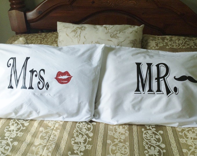 Mr & Mrs Pillowcases, His and Hers Pillowcases, Couples Pillowcases, Bedroom Decor, Couples Gifts, Mustache pillowcases, Bridal Gifts