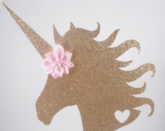 Unicorn Head Cake Topper, Gold & Pink Cake Topper, Glitter Cake Topper, Party Decorations, Birthday Cake Topper, Gold Unicorn, Gold Birthday