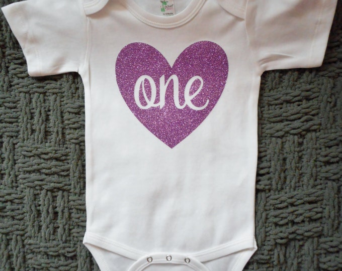 First Birthday Shirt,  Glitter Heart One Shirt, Girl 1st Birthday, Girls First Birthday, One Year Old Birthday Shirt, Birthday Girl gift