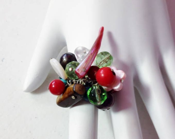 Multi Gemstone Beaded Ring, Shell & Faceted Green Crystal Adjustable Ring, Shell jewelry, statement ring