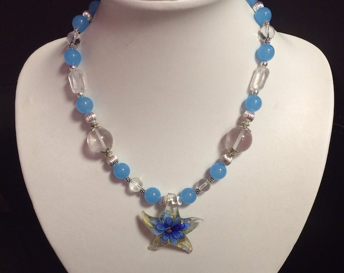 Blue Jade Gemstone Glass Starfish Pendant Beaded Nautical Necklace & Earring Set