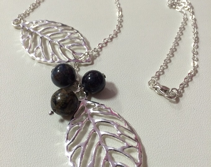 Leaf Pendant & Pietersite Gemstone Bead Lariat Necklace: Gifts, Leaf Necklace, Leaf Charm, pietersite jewelry,