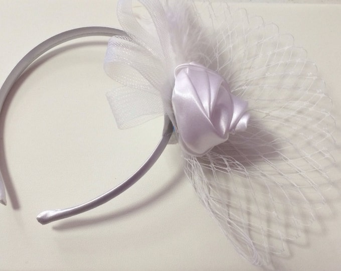 Flower girl White Satin Rose Feathered Veil Headband; fascinator, White Headband, Flower Headband,