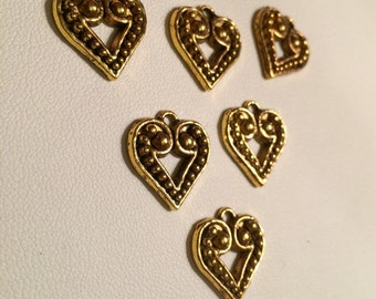 Heart Charm Antique Goldtone - 6 pieces, Destash, Loose, diy, supplies, charms, findings