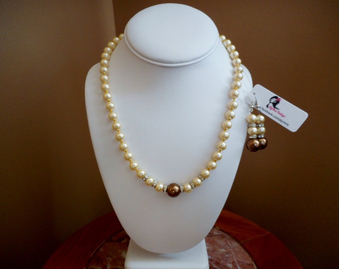 Cream & Brown Faux Pearl Necklace Earring Set, Bridal jewelry, glass pearl set, bridesmaid jewelry, party jewelry, sweet 16,