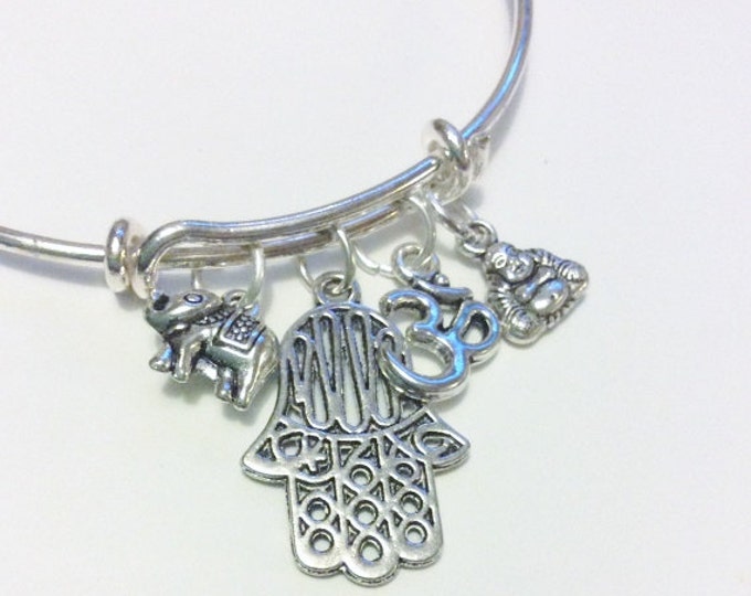 Ohm Bracelet, Hamsa Bracelet, Ohm, Buddha & Elephant Charm Bangle - charm bangle, yoga bracelet, zen jewelry, namaste bangle