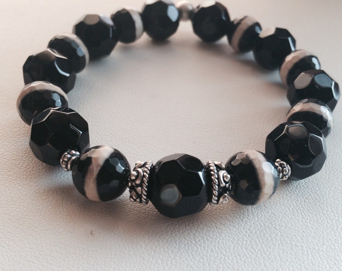 Onyx Sterling Silver & Striped Agate Gemstone Beaded Bracelet, layering bracelet, protection stone, Black agate bracelet, bali jewelry