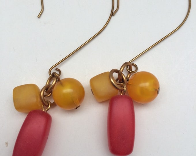 Dangle Earrings, Beaded drop earrings, Red & Yellow frosted bead earrings, bohemian earrings