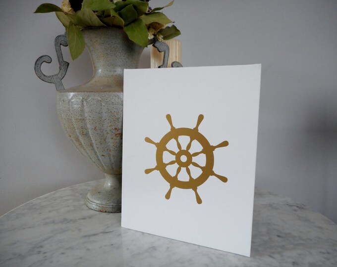 Ship Wheel Gold Print on White Canvas Panel, Nautical Decor, Living Room Wall Art Decor, Tabletop decor, Beach House Wall Art, Stern Print