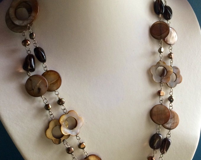 Brown Shell Necklace, Cultured Pearl & Crystal with MOP Shell Beaded Necklace, Long necklace, Mother of pearl statement necklace, Lariat