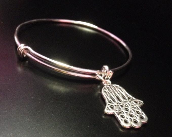 Hamsa Hand of Fatima Charm Bangle - Protection charm, luck charm, energy, yoga, expandable bangle