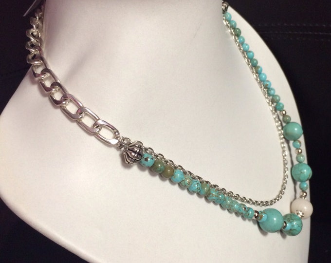 Turquenite and White Jade Gemstone Bead Necklace & Earring Set; turquoise necklace, turquoise jewelry, gifts,multi layer necklace