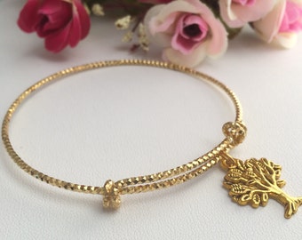 Tree of Life Gold-tone Bangle Bracelet; gifts, tree charm, family tree, yoga bracelet, Charm Bangles, Tree charm bangle, Gold tone bangle