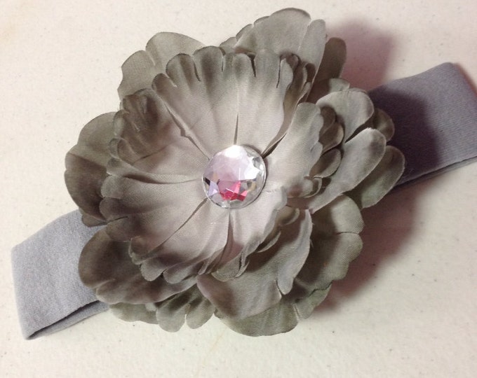 Grey Crystal Peony Nylon Stretch Headband