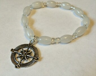 Compass Charm Bracelet, White Jade & Crystal Gemstone Bracelet; nautical bracelets, Beach bracelet, Beach jewelry, White Bracelets,