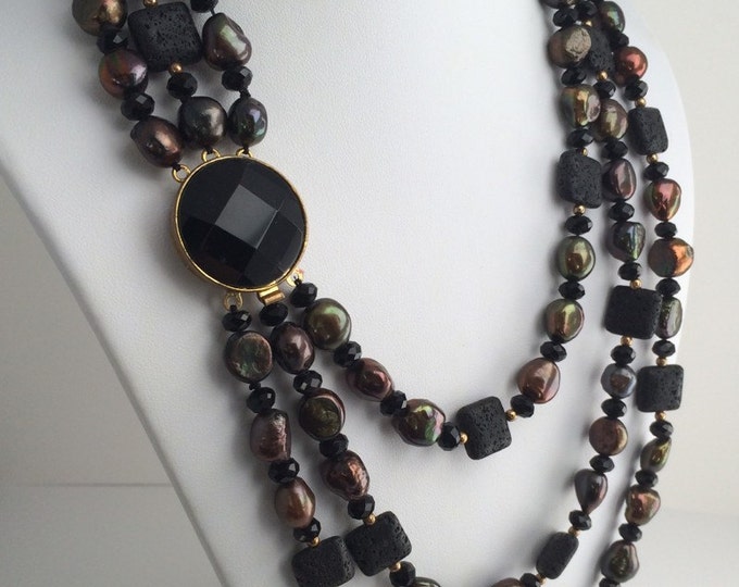 Multi Strand Baroque CFW Pearl & Lava Rock Beaded Necklace, Oil Diffuser necklace, Pearl Necklace, Layered necklace, Lava rock jewelry