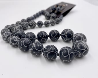 Carved Black Onyx Gemstone Bead Necklace & Earring Set, Black stone jewelry, Beaded necklace, Chunky necklace, black gemstone necklace