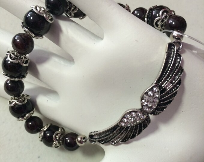 Garnet Gemstone Bead Crystal Wing Charm Bracelet, mens bead bracelet, garnet bracelet, bohemain bracelet, wing bracelet