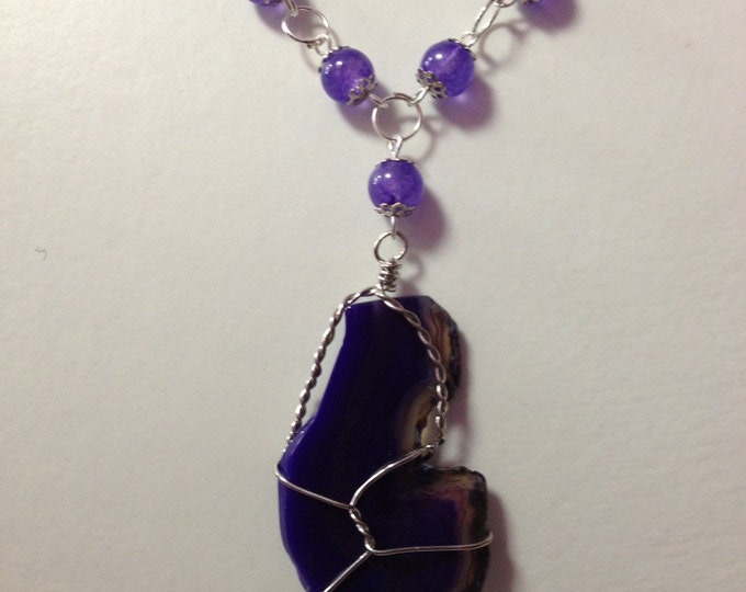 20" Purple Jade Gemstone Bead Wire Wrapped Purple Agate Slice Pendant Necklace Earring Set