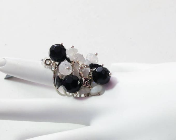 Moonstone Ring, Moonstone & Onyx Gemstone Bead Ring, Moonstone Ring , Dangle Beaded Ring, Yoga Ring, Reiki Ring, Gemstone Ring, Black Ring