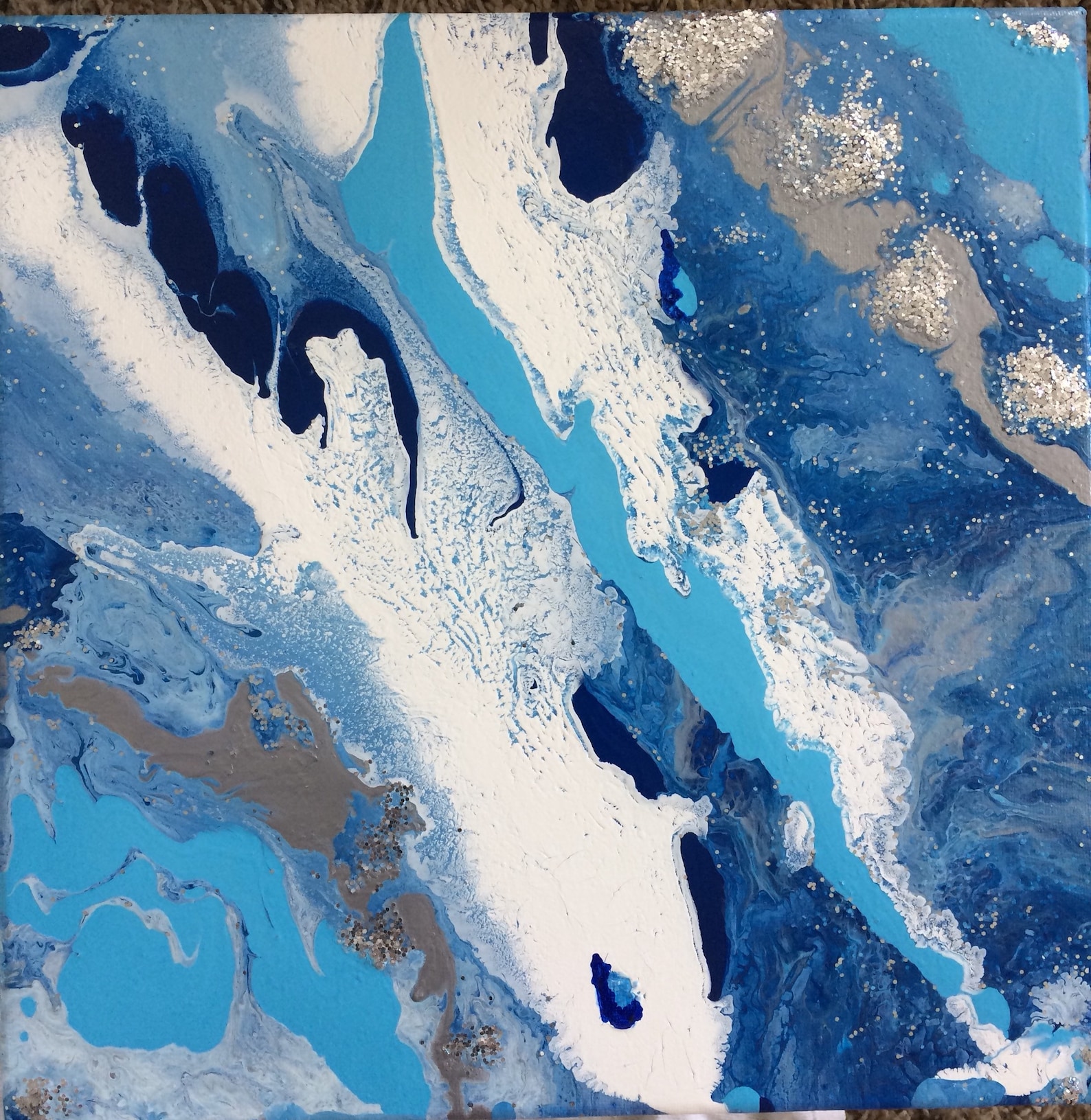 Blue Abstract Canvas Art Modern Wall Art Silver White and Etsy