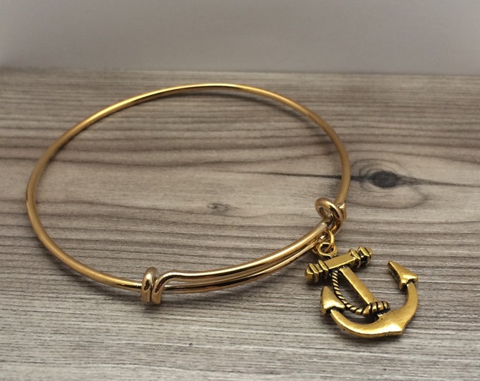 Anchor Bangle, Nautical Anchor Charm Gold plated Bangle, gifts, Anchor Bracelet, Gold anchor bangle,