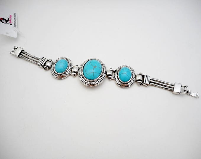 Oval Turquenite 3 Stone Bracelet, Southwestern Jewelry, Blue Bracelet, Boho Bracelet